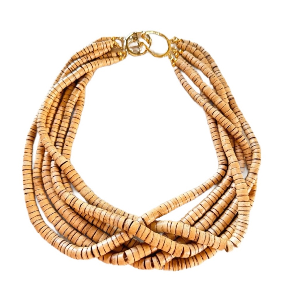KJL Kenneth J Lane wood beaded necklace gold designer